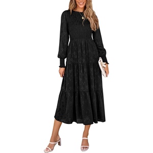 image:imagePRETTYGARDEN Womens Fall Midi Wedding Guest Dresses  Floral Boho Puff Long Sleeve Flowy Long Smocked Tiered Pockets Fit and Flare Holiday Party Elegant Spring OutfitsBlack