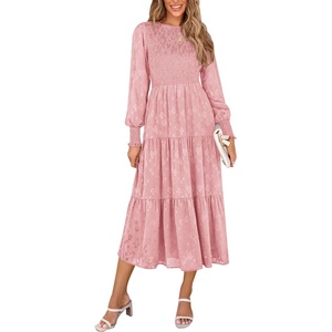 image:imagePRETTYGARDEN Womens Fall Midi Wedding Guest Dresses  Floral Boho Puff Long Sleeve Flowy Long Smocked Tiered Pockets Fit and Flare Holiday Party Elegant Spring OutfitsPink