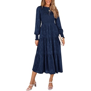 image:imagePRETTYGARDEN Womens Fall Midi Wedding Guest Dresses  Floral Boho Puff Long Sleeve Flowy Long Smocked Tiered Pockets Fit and Flare Holiday Party Elegant Spring OutfitsDark Blue