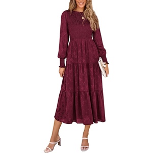 image:imagePRETTYGARDEN Womens Fall Midi Wedding Guest Dresses  Floral Boho Puff Long Sleeve Flowy Long Smocked Tiered Pockets Fit and Flare Holiday Party Elegant Spring OutfitsWine Red