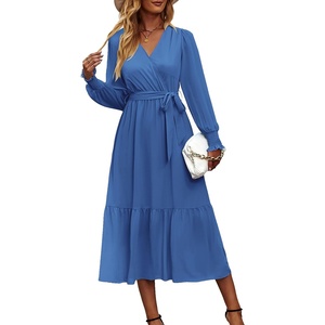 image:imagePRETTYGARDEN Womens Floral Boho Long Sleeve Maxi Dress  Wrap V Neck Flowy A Line Swing Dresses Belted Elegant Spring Fall Outfit for Wedding Guest Vacation Date Night PartySolid Dark Bule