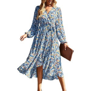 image:imagePRETTYGARDEN Womens Floral Boho Long Sleeve Maxi Dress  Wrap V Neck Flowy A Line Swing Dresses Belted Elegant Spring Fall Outfit for Wedding Guest Vacation Date Night PartyFloral Blue