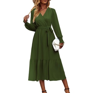 image:imagePRETTYGARDEN Womens Floral Boho Long Sleeve Maxi Dress  Wrap V Neck Flowy A Line Swing Dresses Belted Elegant Spring Fall Outfit for Wedding Guest Vacation Date Night PartySolid Army Green