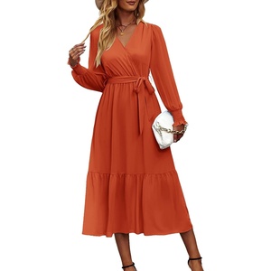 image:imagePRETTYGARDEN Womens Floral Boho Long Sleeve Maxi Dress  Wrap V Neck Flowy A Line Swing Dresses Belted Elegant Spring Fall Outfit for Wedding Guest Vacation Date Night PartySolid Brick Red