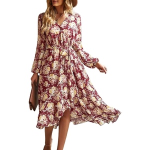 image:imagePRETTYGARDEN Womens Floral Boho Long Sleeve Maxi Dress  Wrap V Neck Flowy A Line Swing Dresses Belted Elegant Spring Fall Outfit for Wedding Guest Vacation Date Night PartyFloral Wine Red