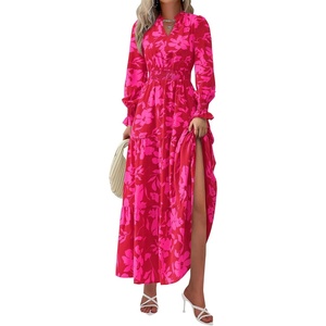 image:imagePRETTYGARDEN Womens Floral Maxi Dress Fall A Line Wedding Guest Dresses  Print Boho Dress Long Sleeve V Neck Fit amp Flare Smocked Waist Casual Long Flowy Elegant Classy Holiday Party OutfitsRed Big Floral