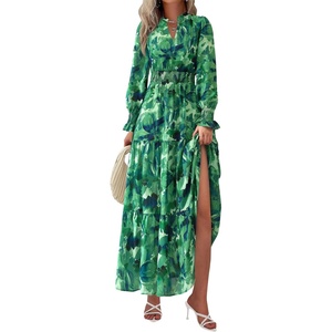 image:imagePRETTYGARDEN Womens Floral Maxi Dress Fall A Line Wedding Guest Dresses  Print Boho Dress Long Sleeve V Neck Fit amp Flare Smocked Waist Casual Long Flowy Elegant Classy Holiday Party OutfitsGreen