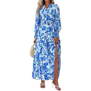 image:imagePRETTYGARDEN Womens Floral Maxi Dress Fall A Line Wedding Guest Dresses  Print Boho Dress Long Sleeve V Neck Fit amp Flare Smocked Waist Casual Long Flowy Elegant Classy Holiday Party OutfitsFloral Blue
