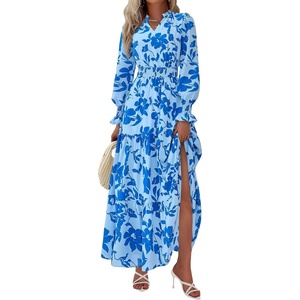 image:imagePRETTYGARDEN Womens Floral Maxi Dress Fall A Line Wedding Guest Dresses  Print Boho Dress Long Sleeve V Neck Fit amp Flare Smocked Waist Casual Long Flowy Elegant Classy Holiday Party OutfitsFloral Light Blue