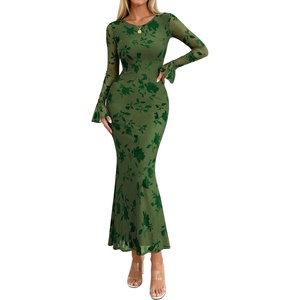 image:imagePRETTYGARDEN Womens Floral Maxi Fall Wedding Guest Dress  Lightweight Stretchy Mesh Long Bell Sleeves Bodycon Mermaid Fit Elegant Dresses for Cocktail Holiday Party Formal EventsGreen