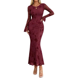 image:imagePRETTYGARDEN Womens Floral Maxi Fall Wedding Guest Dress  Lightweight Stretchy Mesh Long Bell Sleeves Bodycon Mermaid Fit Elegant Dresses for Cocktail Holiday Party Formal EventsBurgundy