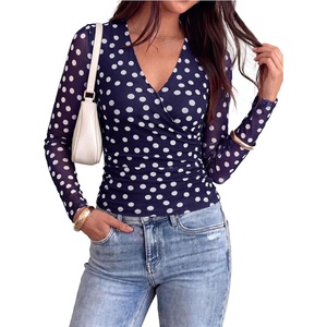 image:imagePRETTYGARDEN Womens Floral Mesh Wrap Top V Neck Long Sleeve Shirts  Soft Stretchy Lightweight Lined Slim Fit Ruched Waist Dressy Casual Blouses for Work Daily Going Out Fall ClothesDot Navy White
