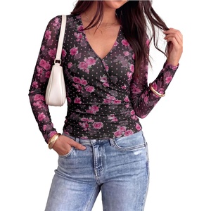 image:imagePRETTYGARDEN Womens Floral Mesh Wrap Top V Neck Long Sleeve Shirts  Soft Stretchy Lightweight Lined Slim Fit Ruched Waist Dressy Casual Blouses for Work Daily Going Out Fall ClothesBlack Pink Flower