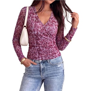image:imagePRETTYGARDEN Womens Floral Mesh Wrap Top V Neck Long Sleeve Shirts  Soft Stretchy Lightweight Lined Slim Fit Ruched Waist Dressy Casual Blouses for Work Daily Going Out Fall ClothesPurple Leopard