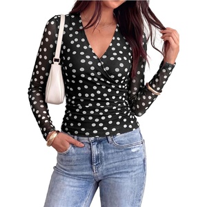 image:imagePRETTYGARDEN Womens Floral Mesh Wrap Top V Neck Long Sleeve Shirts  Soft Stretchy Lightweight Lined Slim Fit Ruched Waist Dressy Casual Blouses for Work Daily Going Out Fall ClothesPolka Dot Black White
