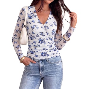 image:imagePRETTYGARDEN Womens Floral Mesh Wrap Top V Neck Long Sleeve Shirts  Soft Stretchy Lightweight Lined Slim Fit Ruched Waist Dressy Casual Blouses for Work Daily Going Out Fall ClothesWhite Blue Flower