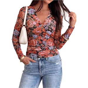 image:imagePRETTYGARDEN Womens Floral Mesh Wrap Top V Neck Long Sleeve Shirts  Soft Stretchy Lightweight Lined Slim Fit Ruched Waist Dressy Casual Blouses for Work Daily Going Out Fall ClothesFloral Black Multicolored