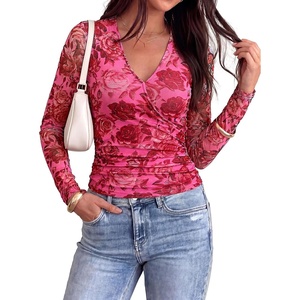 image:imagePRETTYGARDEN Womens Floral Mesh Wrap Top V Neck Long Sleeve Shirts  Soft Stretchy Lightweight Lined Slim Fit Ruched Waist Dressy Casual Blouses for Work Daily Going Out Fall ClothesPink Red Flower