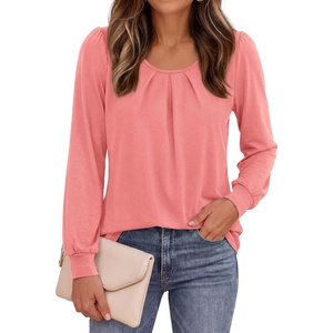 image:imagePRETTYGARDEN Womens Long Puff Sleeve Tops Crew Neck Blouse  Pleated Front Loose Fit Soft Business Casual Work Shirts Dressy Daily Wear School Travel Outfits Fall Winter ClothingCoral Pink