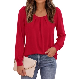 image:imagePRETTYGARDEN Womens Long Puff Sleeve Tops Crew Neck Blouse  Pleated Front Loose Fit Soft Business Casual Work Shirts Dressy Daily Wear School Travel Outfits Fall Winter ClothingRed