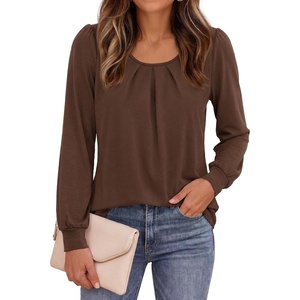 image:imagePRETTYGARDEN Womens Long Puff Sleeve Tops Crew Neck Blouse  Pleated Front Loose Fit Soft Business Casual Work Shirts Dressy Daily Wear School Travel Outfits Fall Winter ClothingBrown