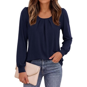 image:imagePRETTYGARDEN Womens Long Puff Sleeve Tops Crew Neck Blouse  Pleated Front Loose Fit Soft Business Casual Work Shirts Dressy Daily Wear School Travel Outfits Fall Winter ClothingNavy Blue