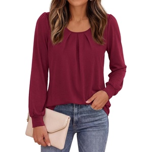 image:imagePRETTYGARDEN Womens Long Puff Sleeve Tops Crew Neck Blouse  Pleated Front Loose Fit Soft Business Casual Work Shirts Dressy Daily Wear School Travel Outfits Fall Winter ClothingWine Red