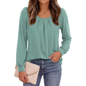 image:imagePRETTYGARDEN Womens Long Puff Sleeve Tops Crew Neck Blouse  Pleated Front Loose Fit Soft Business Casual Work Shirts Dressy Daily Wear School Travel Outfits Fall Winter ClothingGrey Green