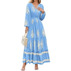 image:imagePRETTYGARDEN Womens Long Sleeve Floral Boho Maxi Wedding Guest Dress  Trendy BohemianV NeckRuffle Long DressesFlowy A LineElastic WaistElegant PartyFall FashionBeach Vacation ClothesFloral Sky Blue Apricot