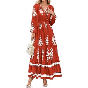 image:imagePRETTYGARDEN Womens Long Sleeve Floral Boho Maxi Wedding Guest Dress  Trendy BohemianV NeckRuffle Long DressesFlowy A LineElastic WaistElegant PartyFall FashionBeach Vacation ClothesFloral Brick Red White
