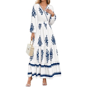 image:imagePRETTYGARDEN Womens Long Sleeve Floral Boho Maxi Wedding Guest Dress  Trendy BohemianV NeckRuffle Long DressesFlowy A LineElastic WaistElegant PartyFall FashionBeach Vacation ClothesFloral White Blue
