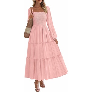 image:imagePRETTYGARDEN Womens Long Sleeve Ruffle Flowy Maxi Dress  Tiered ALine Square Neck Casual amp Boho Style Smocked Bodice Fall Wedding Guest Dresses Holiday Party Going Out OutfitsPink