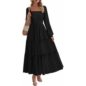image:imagePRETTYGARDEN Womens Long Sleeve Ruffle Flowy Maxi Dress  Tiered ALine Square Neck Casual amp Boho Style Smocked Bodice Fall Wedding Guest Dresses Holiday Party Going Out OutfitsBlack