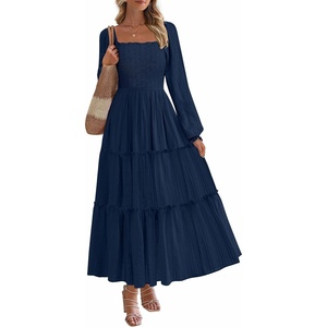 image:imagePRETTYGARDEN Womens Long Sleeve Ruffle Flowy Maxi Dress  Tiered ALine Square Neck Casual amp Boho Style Smocked Bodice Fall Wedding Guest Dresses Holiday Party Going Out OutfitsNavy Blue