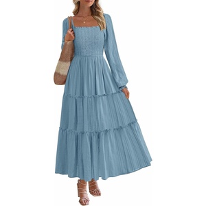 image:imagePRETTYGARDEN Womens Long Sleeve Ruffle Flowy Maxi Dress  Tiered ALine Square Neck Casual amp Boho Style Smocked Bodice Fall Wedding Guest Dresses Holiday Party Going Out OutfitsDusty Blue