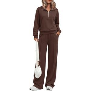 image:imagePRETTYGARDEN Womens Lounge Sets 2 Piece Outfits Sweatsuits  Half Zip Pullover Sweatshirts Wide Leg Pants Pockets Matching Workout Tracksuits Airport Travel Resort Wear Fall ClothesBrown