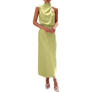 image:imagePRETTYGARDEN Womens Summer Satin Maxi Cocktail Dress  Silk FabricSleeveless Mock NeckFit and FlareAsymmetrical Long DressesElegant FormalWedding Guest PartyCruise OutfitsTender Green