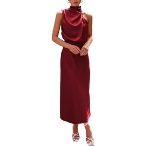 image:imagePRETTYGARDEN Womens Summer Satin Maxi Cocktail Dress  Silk FabricSleeveless Mock NeckFit and FlareAsymmetrical Long DressesElegant FormalWedding Guest PartyCruise OutfitsDark Wine Red