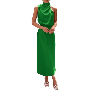 image:imagePRETTYGARDEN Womens Summer Satin Maxi Cocktail Dress  Silk FabricSleeveless Mock NeckFit and FlareAsymmetrical Long DressesElegant FormalWedding Guest PartyCruise OutfitsBright Green