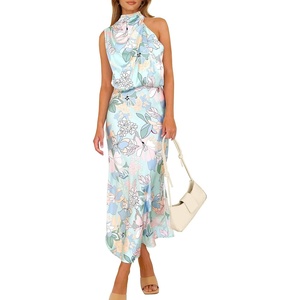 image:imagePRETTYGARDEN Womens Summer Satin Maxi Cocktail Dress  Silk FabricSleeveless Mock NeckFit and FlareAsymmetrical Long DressesElegant FormalWedding Guest PartyCruise OutfitsPrint Blue