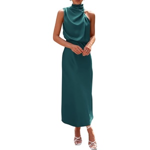 image:imagePRETTYGARDEN Womens Summer Satin Maxi Cocktail Dress  Silk FabricSleeveless Mock NeckFit and FlareAsymmetrical Long DressesElegant FormalWedding Guest PartyCruise OutfitsDark Green