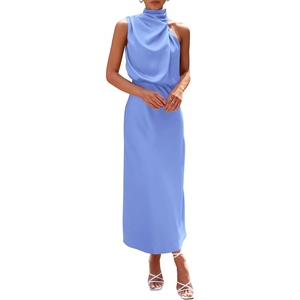 image:imagePRETTYGARDEN Womens Summer Satin Maxi Cocktail Dress  Silk FabricSleeveless Mock NeckFit and FlareAsymmetrical Long DressesElegant FormalWedding Guest PartyCruise OutfitsBlue