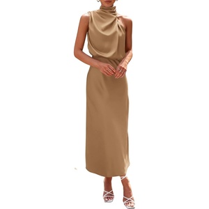 image:imagePRETTYGARDEN Womens Summer Satin Maxi Cocktail Dress  Silk FabricSleeveless Mock NeckFit and FlareAsymmetrical Long DressesElegant FormalWedding Guest PartyCruise OutfitsLight Khaki