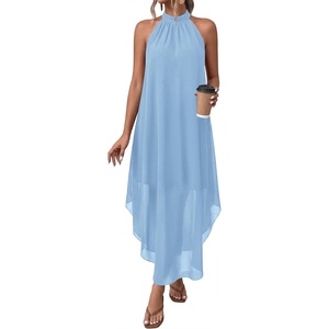 image:imagePRETTYGARDEN Womens Summer Wedding Guest Halter Maxi Dresses  Long Flowy Asymmetrical Sundress Elegant Evening Dinner Party Dress Pockets Beach Vacation Outfits Spring Resort WearLight Blue