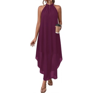 image:imagePRETTYGARDEN Womens Summer Wedding Guest Halter Maxi Dresses  Long Flowy Asymmetrical Sundress Elegant Evening Dinner Party Dress Pockets Beach Vacation Outfits Spring Resort WearBurgundy