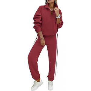image:imagePRETTYGARDEN Womens Sweatsuits 2 Piece Outfits Fall Matching Lounge Sets  Casual Loose Zip Up Oversized Sweatshirts High Waist Jogger Tracksuits Two Piece Sweat Suits Travel Airport Workout SetsWine Red