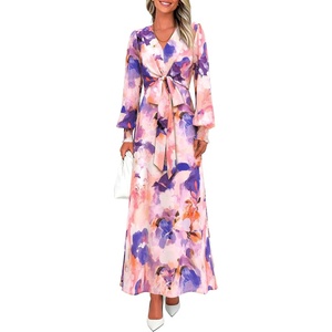 image:imagePRETTYGARDEN Womens Tie Waist Floral Maxi Dress  Fall Wedding Guest Dresses Long Puff Sleeve V Neck With Belt Watercolor Print Elegant Long Flowy Holiday Party OutfitsFloral Multicolored