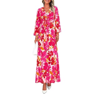 image:imagePRETTYGARDEN Womens Tie Waist Floral Maxi Dress  Fall Wedding Guest Dresses Long Puff Sleeve V Neck With Belt Watercolor Print Elegant Long Flowy Holiday Party OutfitsFloral White Rose Red