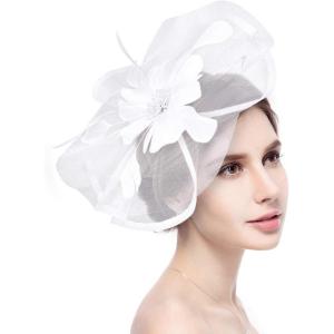imageFascinator Hat Mesh Kentucky Derby Tea Party Headwear Wedding Hat Hat Cocktail Tea Party Headwear with Veil for Girls and Women White