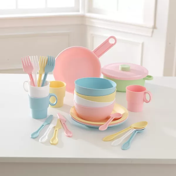 KidKraft 27Piece Pastel Cookware Set Plastic Dishes and Utensils for Play Kitchens Gift for Ages 18 mo